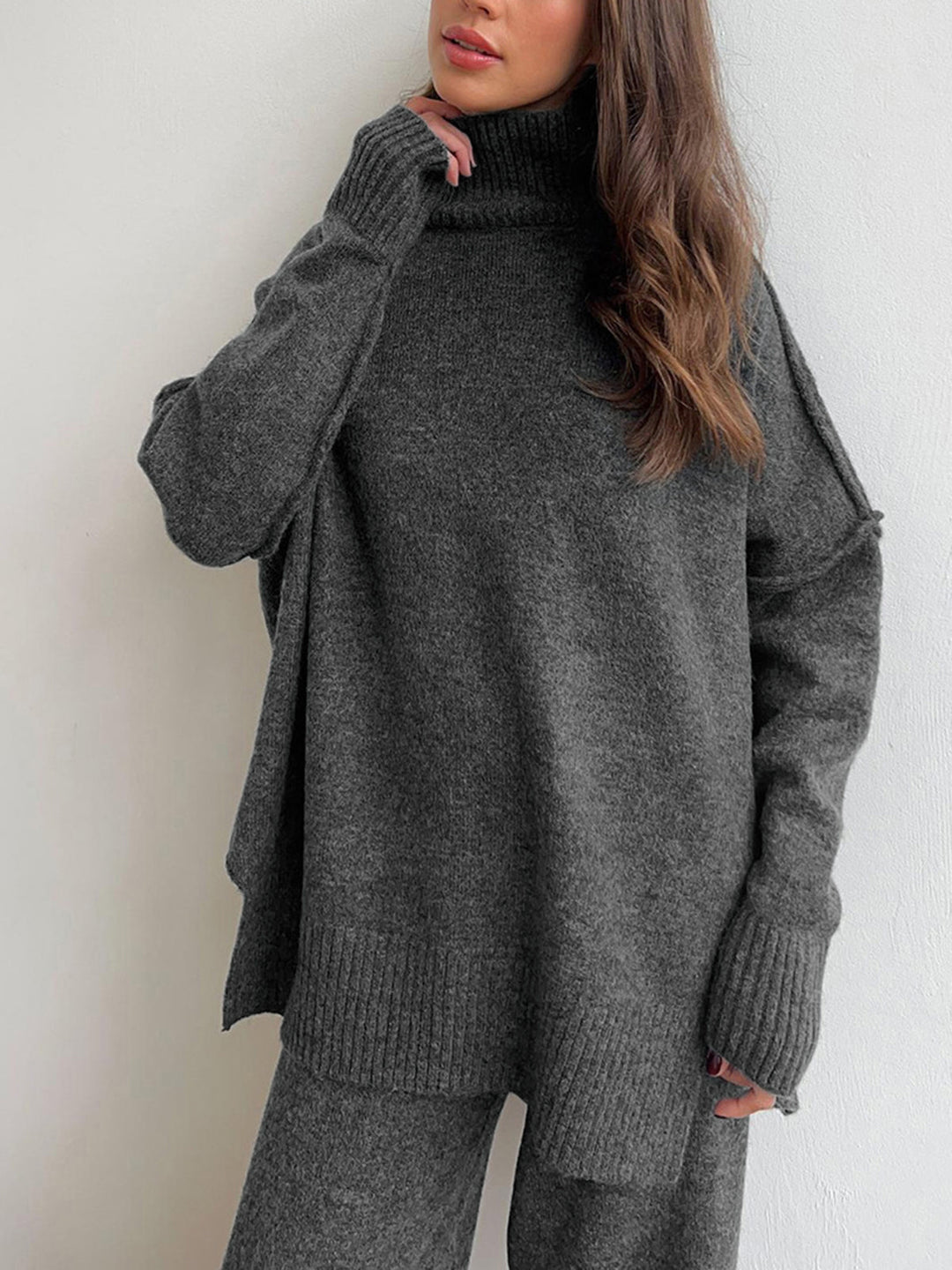 Oversized Knit Two-Piece Set | Split-Hem Sweater & Wide-Leg Pants | Casual Comfort