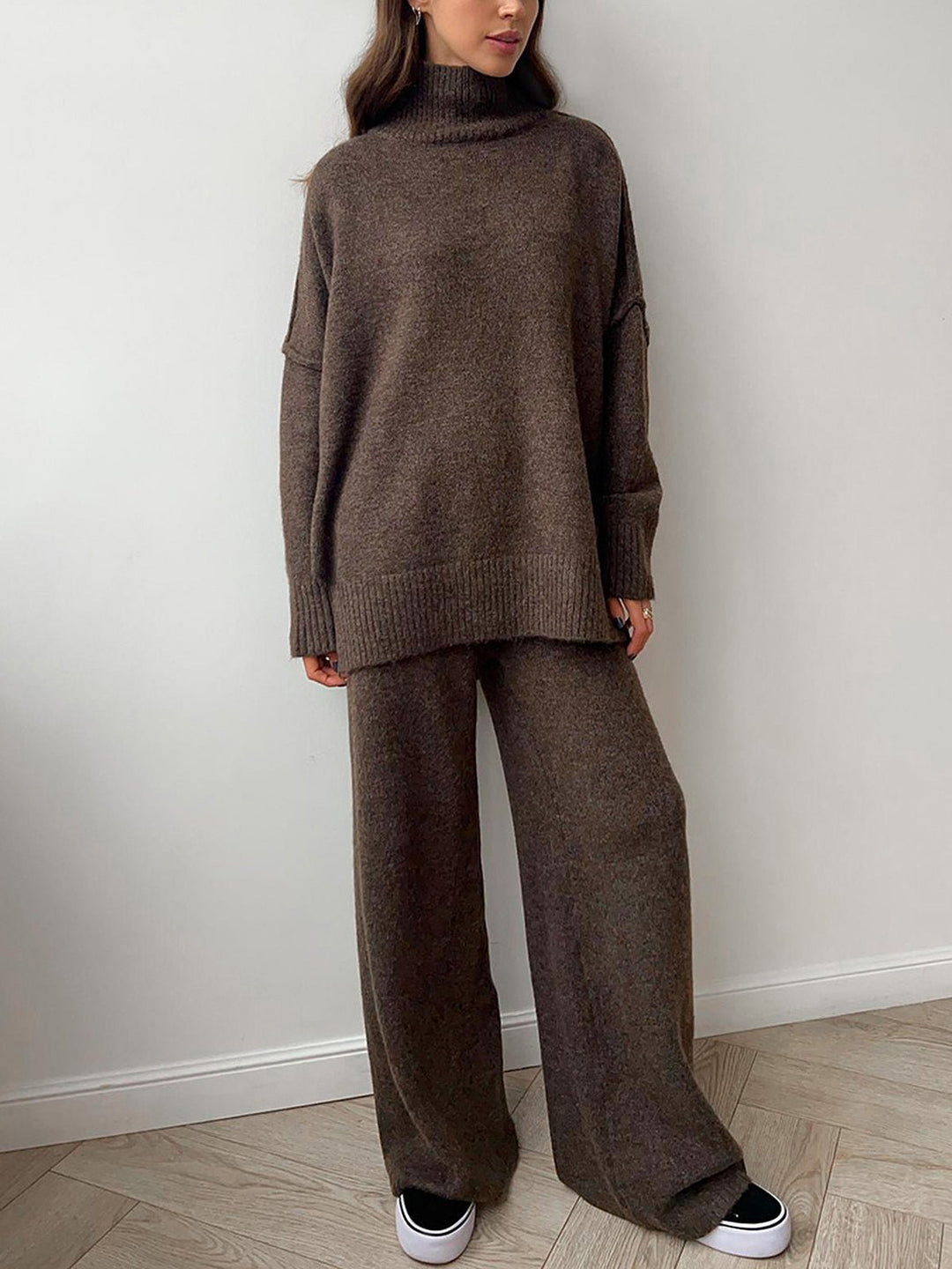 Oversized Knit Two-Piece Set | Split-Hem Sweater & Wide-Leg Pants | Casual Comfort