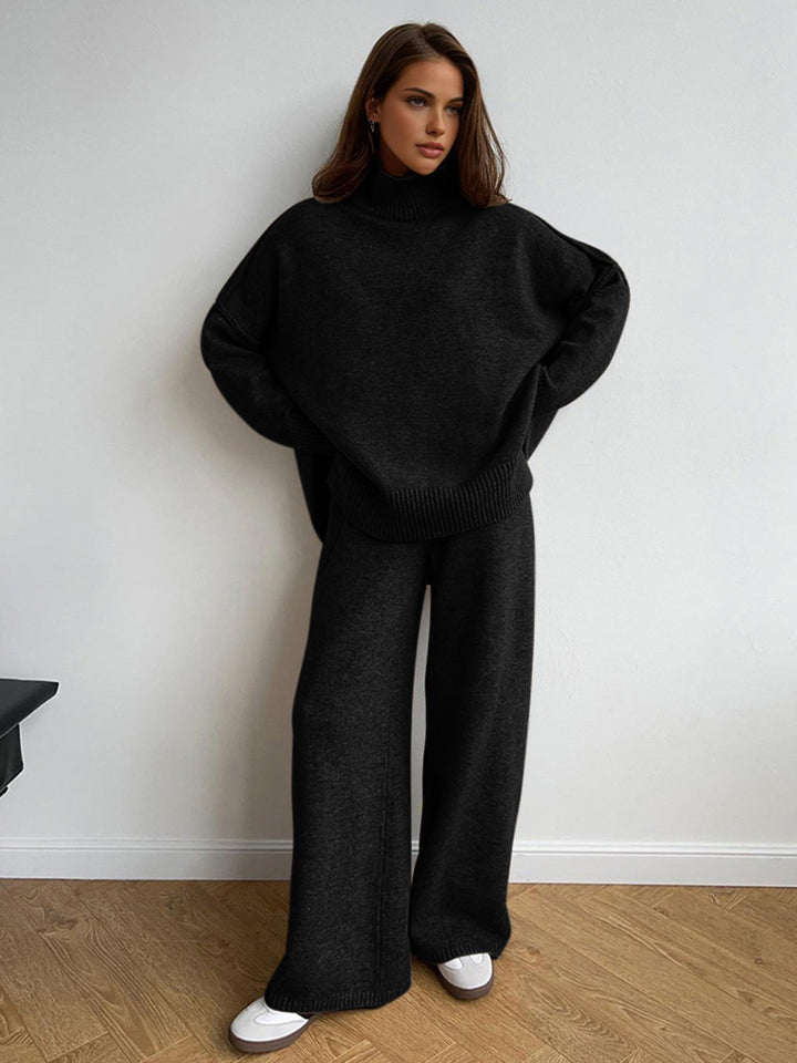 Oversized Knit Two-Piece Set | Split-Hem Sweater & Wide-Leg Pants | Casual Comfort