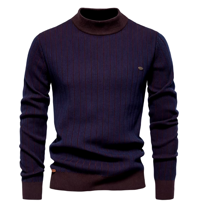 Men’s Striped Knit Sweater | Ribbed Texture | Contrast Trim Crewneck