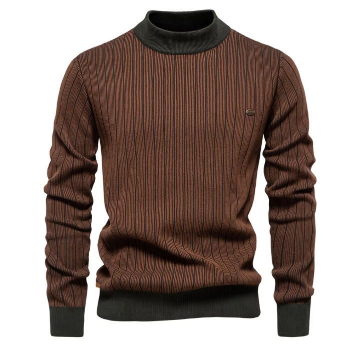 Men’s Striped Knit Sweater | Ribbed Texture | Contrast Trim Crewneck