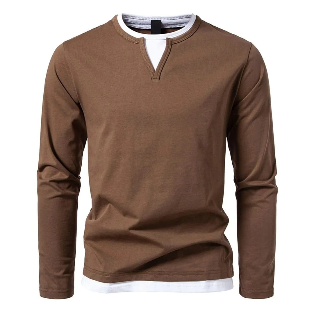 Men’s Long Sleeve V-Stitch Shirt | Cotton Layered Look Tee | Casual Split Neck Pullover
