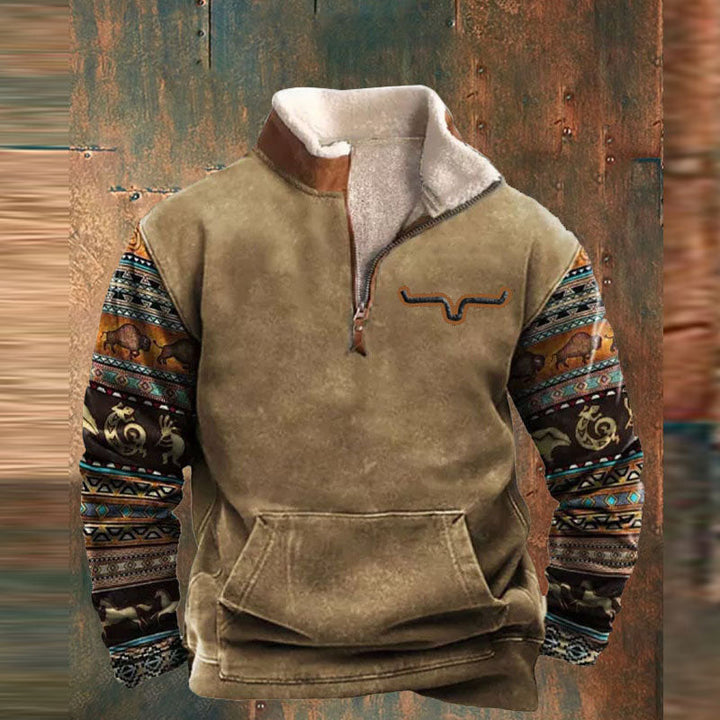 Men’s Quarter-Zip Fleece Pullover | Patterned Sleeves | Warm Winter Sweatshirt