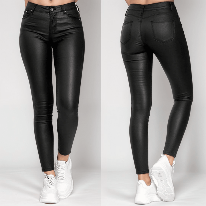 Pantalon taille haute en similicuir | Longueur totale | Mélange polyester-élasthanne