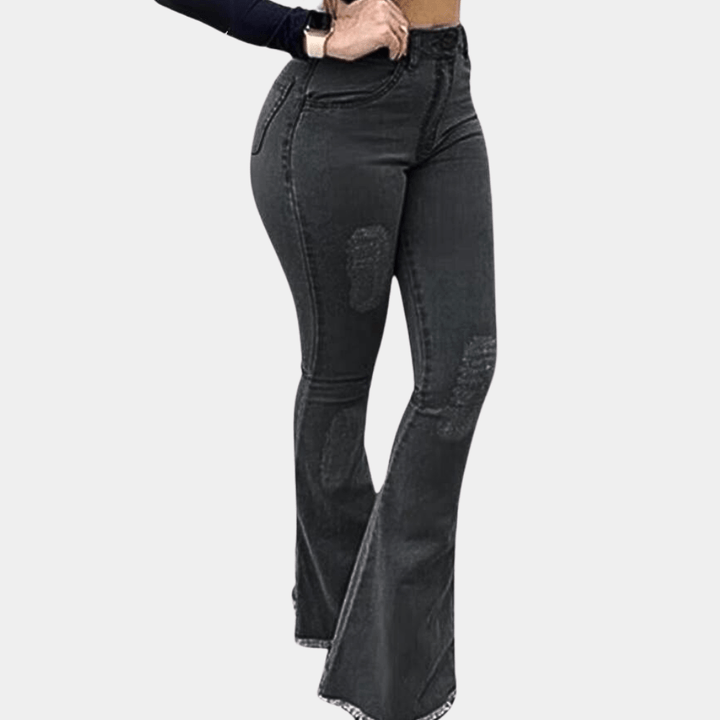 High-Waisted Flare Jeans | Distressed Details | Stretch Denim | Retro-Chic