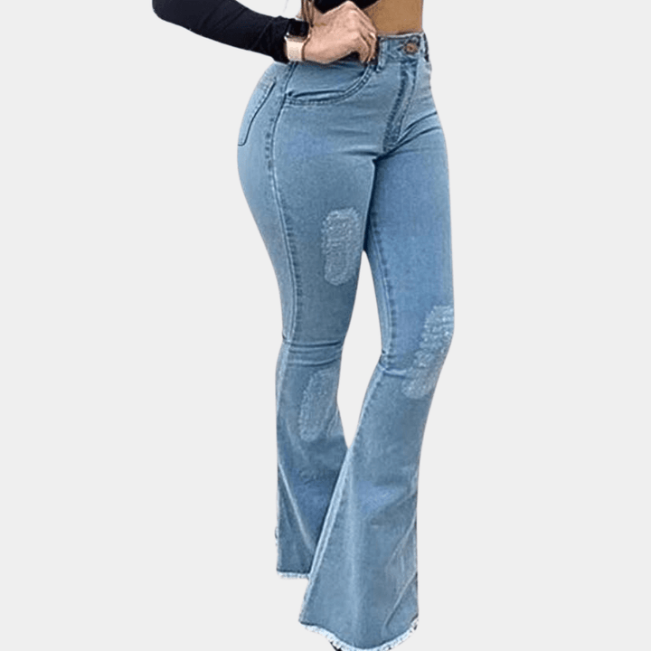 High-Waisted Flare Jeans | Distressed Details | Stretch Denim | Retro-Chic