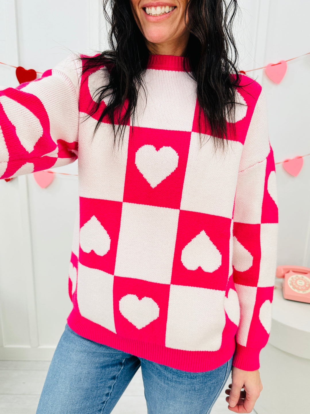 Ottilie - Valentine's Day Sweater with Checkered Hearts