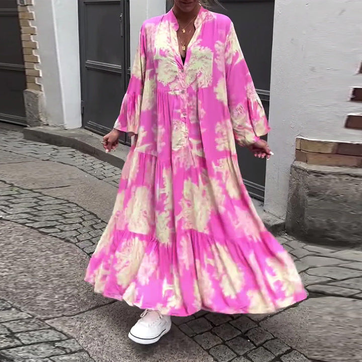 Greta - Loose Patchwork Dress with V-Neck and Printed Bell Sleeves