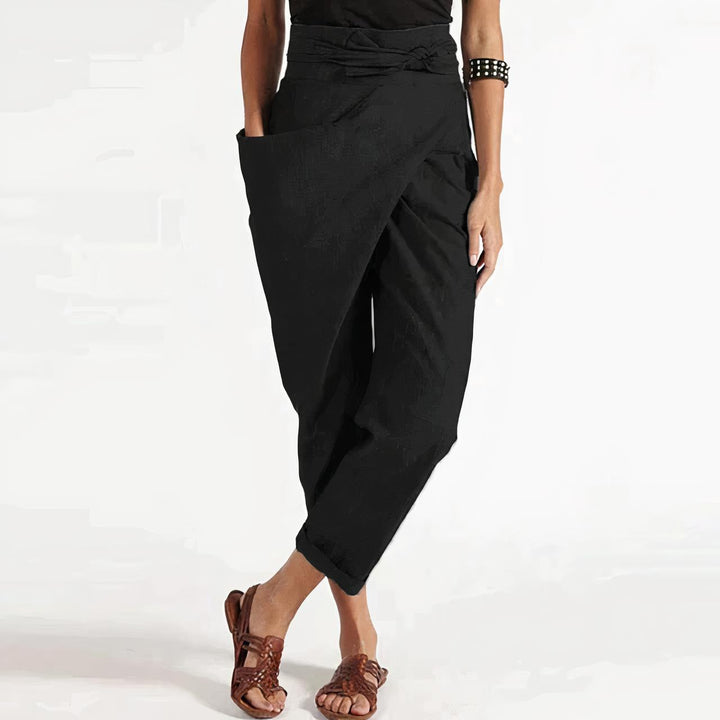 Wrap Front Cropped Pants | Cotton-Linen Blend | Tapered Fit