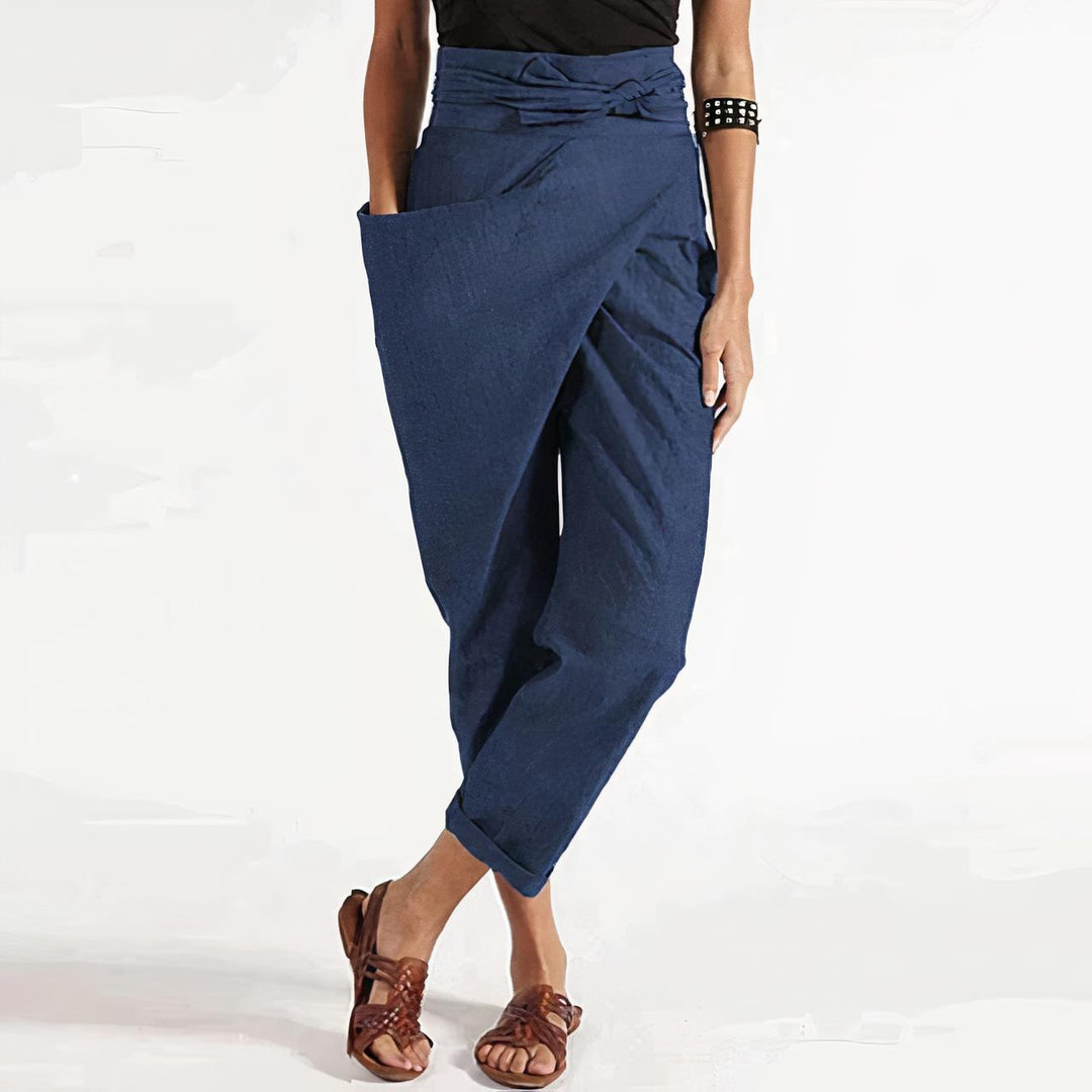 Wrap Front Cropped Pants | Cotton-Linen Blend | Tapered Fit