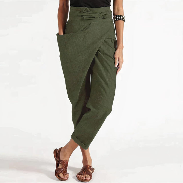 Wrap Front Cropped Pants | Cotton-Linen Blend | Tapered Fit