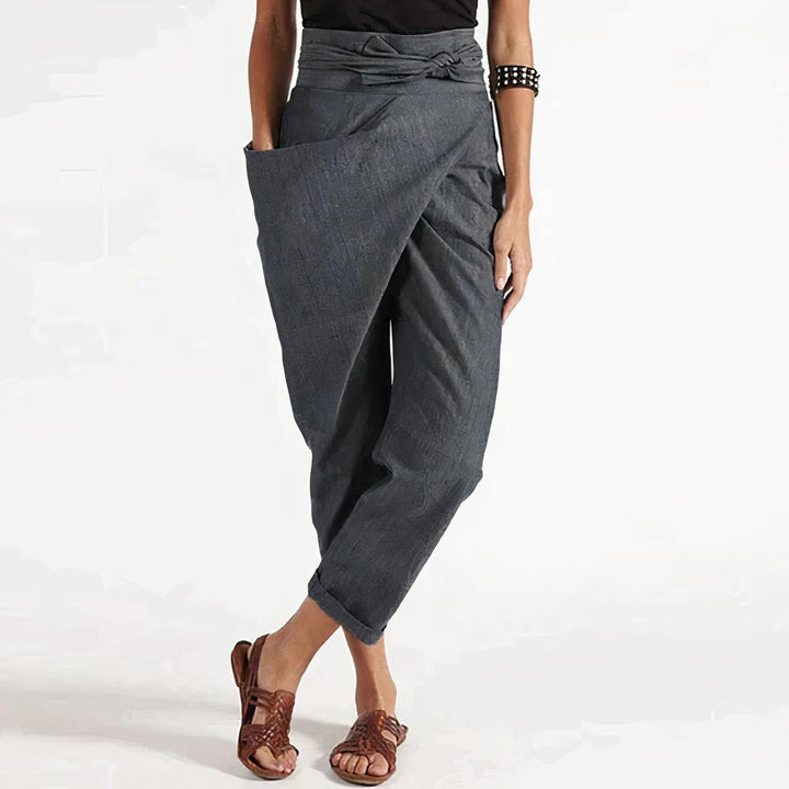 Wrap Front Cropped Pants | Cotton-Linen Blend | Tapered Fit