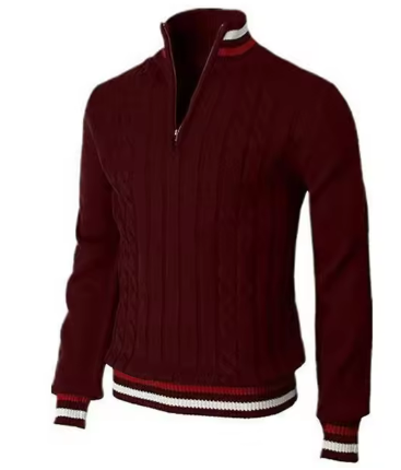 Cable Knit Quarter-Zip Sweater | Retro Stripe Trim | Midweight Cotton Blend