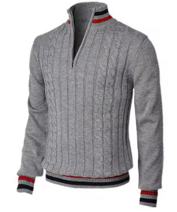 Cable Knit Quarter-Zip Sweater | Retro Stripe Trim | Midweight Cotton Blend