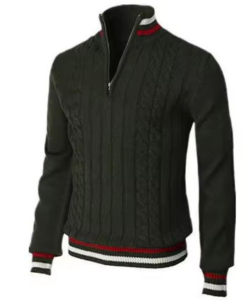 Cable Knit Quarter-Zip Sweater | Retro Stripe Trim | Midweight Cotton Blend