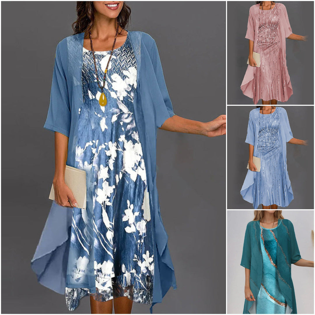 Eleny - Elegant Two Piece Floral Chiffon Dress Set