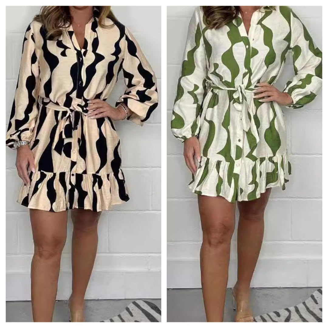 Perlina - Irregular Striped Shirt Dress with Lapel Collar and Tie Belt