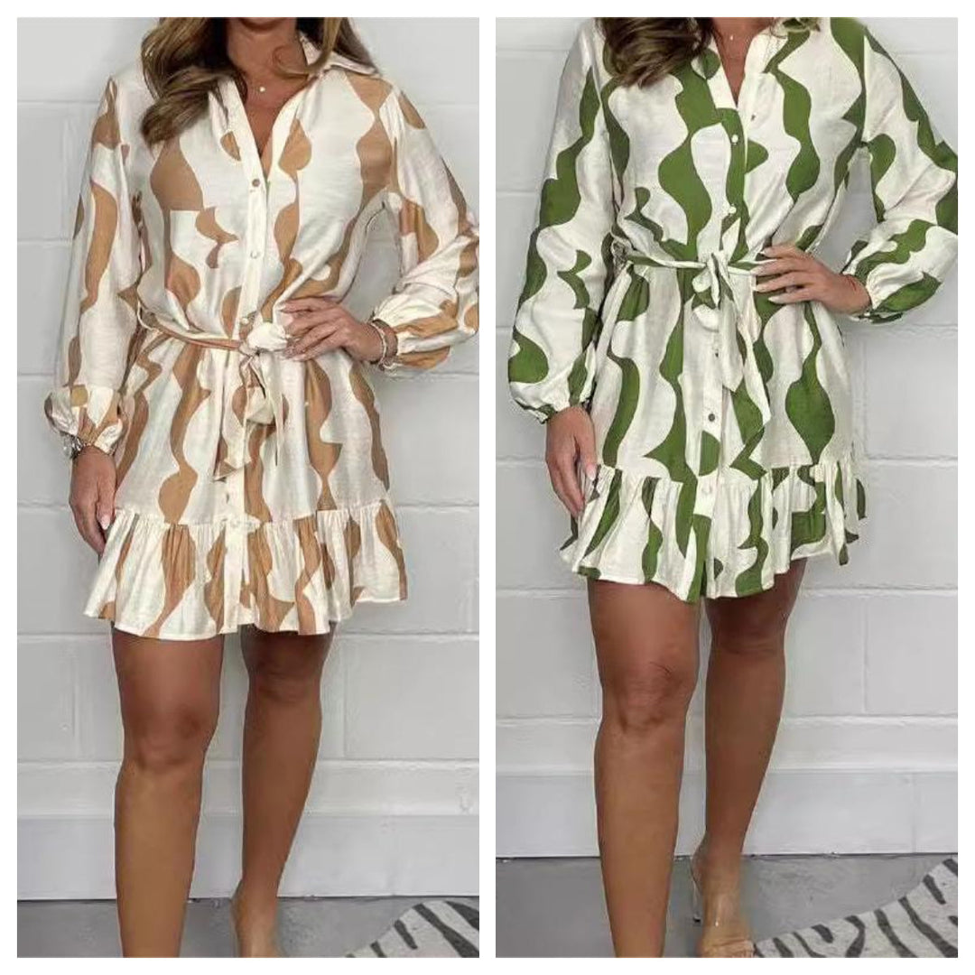 Perlina - Irregular Striped Shirt Dress with Lapel Collar and Tie Belt