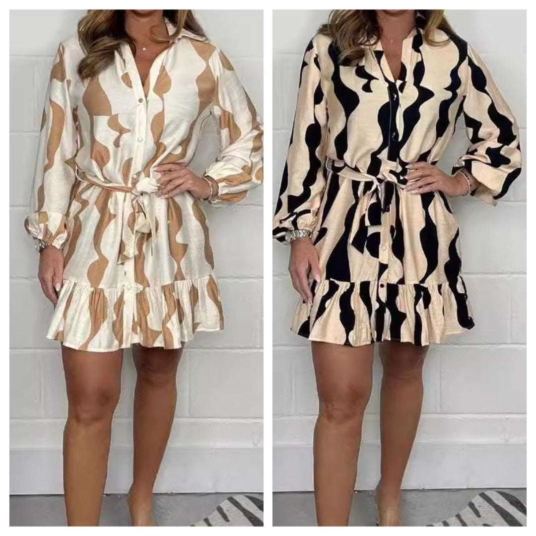 Perlina - Irregular Striped Shirt Dress with Lapel Collar and Tie Belt