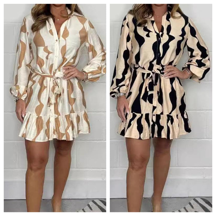 Perlina - Irregular Striped Shirt Dress with Lapel Collar and Tie Belt