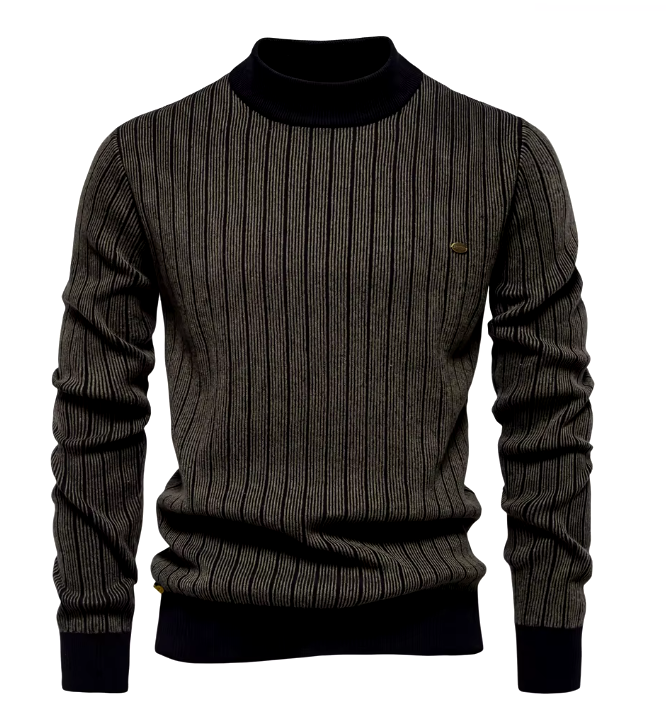 Men’s Striped Knit Sweater | Ribbed Texture | Contrast Trim Crewneck
