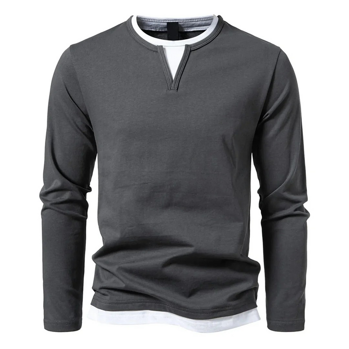 Men’s Long Sleeve V-Stitch Shirt | Cotton Layered Look Tee | Casual Split Neck Pullover