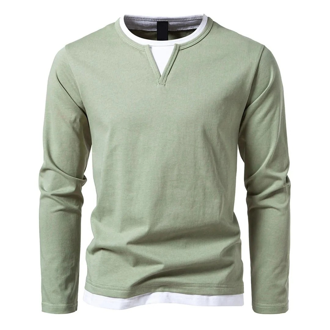 Men’s Long Sleeve V-Stitch Shirt | Cotton Layered Look Tee | Casual Split Neck Pullover