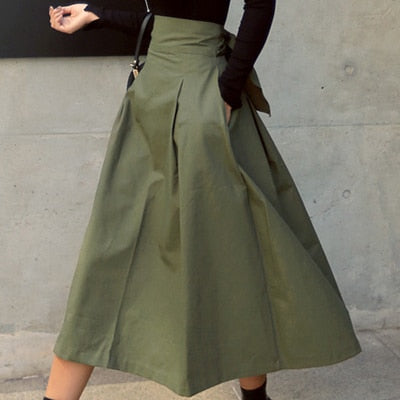 Women’s High-Waisted A-Line Midi Skirt | Olive Green Flowy Silhouette | Fall Layering Essential