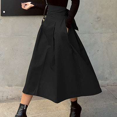Women’s High-Waisted A-Line Midi Skirt | Olive Green Flowy Silhouette | Fall Layering Essential