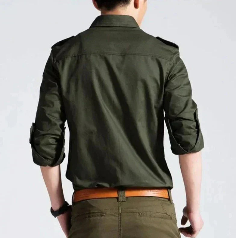 Men’s Military-Style Button-Up Shirt | Long Sleeve Casual Workwear | Structured Cotton Blend