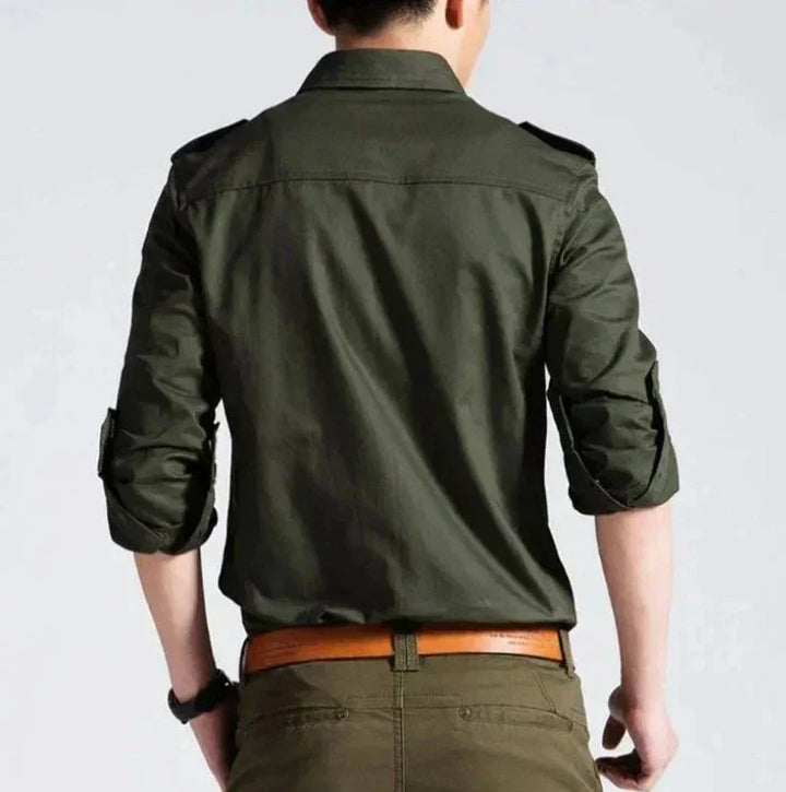 Men’s Military-Style Button-Up Shirt | Long Sleeve Casual Workwear | Structured Cotton Blend