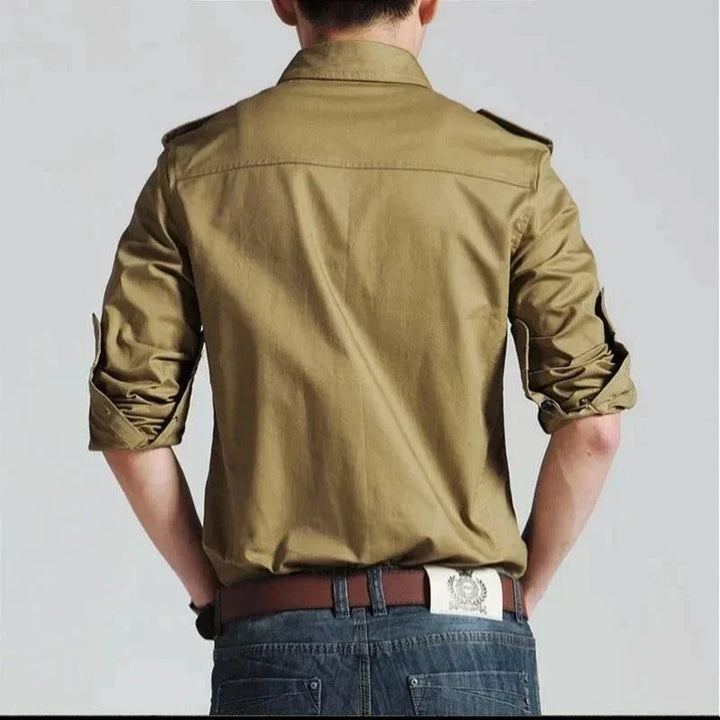 Men’s Military-Style Button-Up Shirt | Long Sleeve Casual Workwear | Structured Cotton Blend