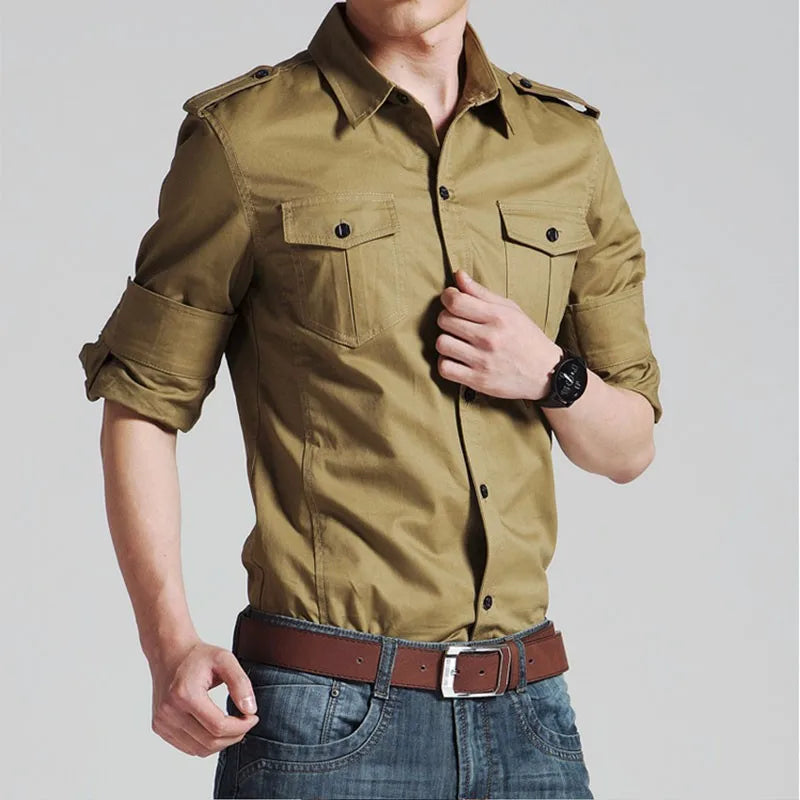 Men’s Military-Style Button-Up Shirt | Long Sleeve Casual Workwear | Structured Cotton Blend