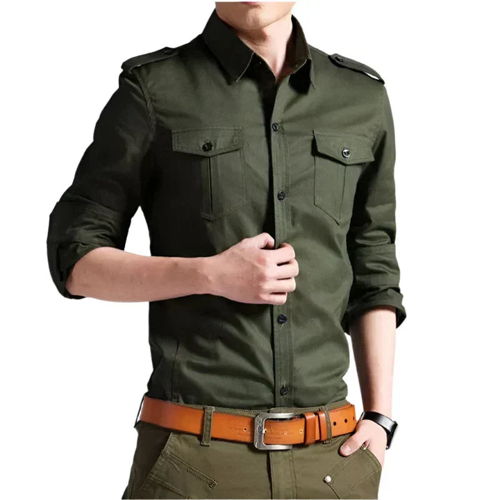 Men’s Military-Style Button-Up Shirt | Long Sleeve Casual Workwear | Structured Cotton Blend