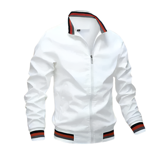 Men’s White Bomber Jacket | Lightweight Zip-Up with Stripe Trim | Casual Outerwear Canada