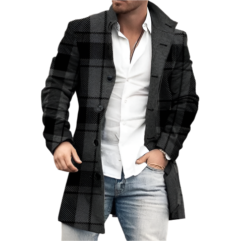 Men’s Wool Blend Overcoat | Grey Plaid Pattern | Classic Long Coat