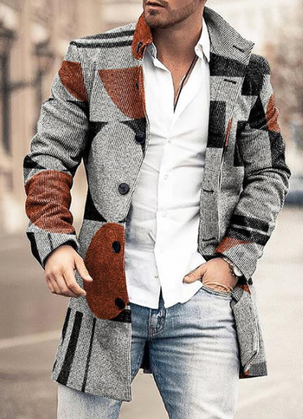 Men’s Wool Blend Overcoat | Grey Plaid Pattern | Classic Long Coat