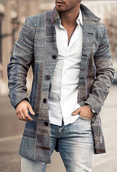Men’s Wool Blend Overcoat | Grey Plaid Pattern | Classic Long Coat