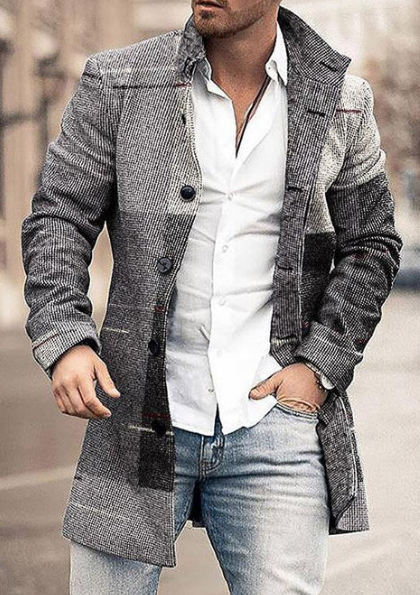 Men’s Wool Blend Overcoat | Grey Plaid Pattern | Classic Long Coat