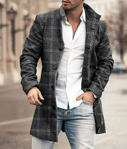 Men’s Wool Blend Overcoat | Grey Plaid Pattern | Classic Long Coat