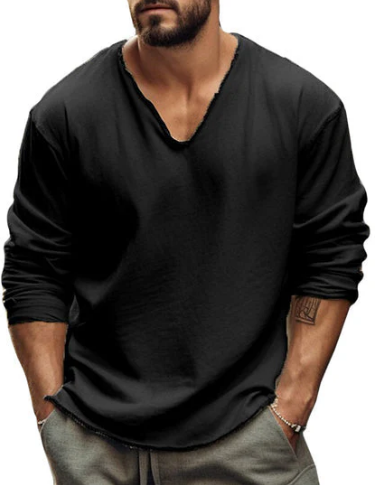 Men's V-Neck Long-Sleeve Shirt | Casual Lightweight Pullover | Everyday Wear