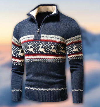 Men’s Holiday Quarter-Zip Sweater | Reindeer Pattern Knit | Warm Winter Pullover