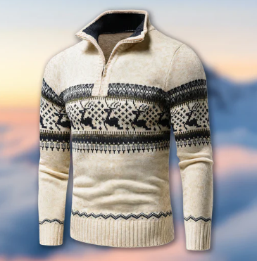 Men’s Holiday Quarter-Zip Sweater | Reindeer Pattern Knit | Warm Winter Pullover