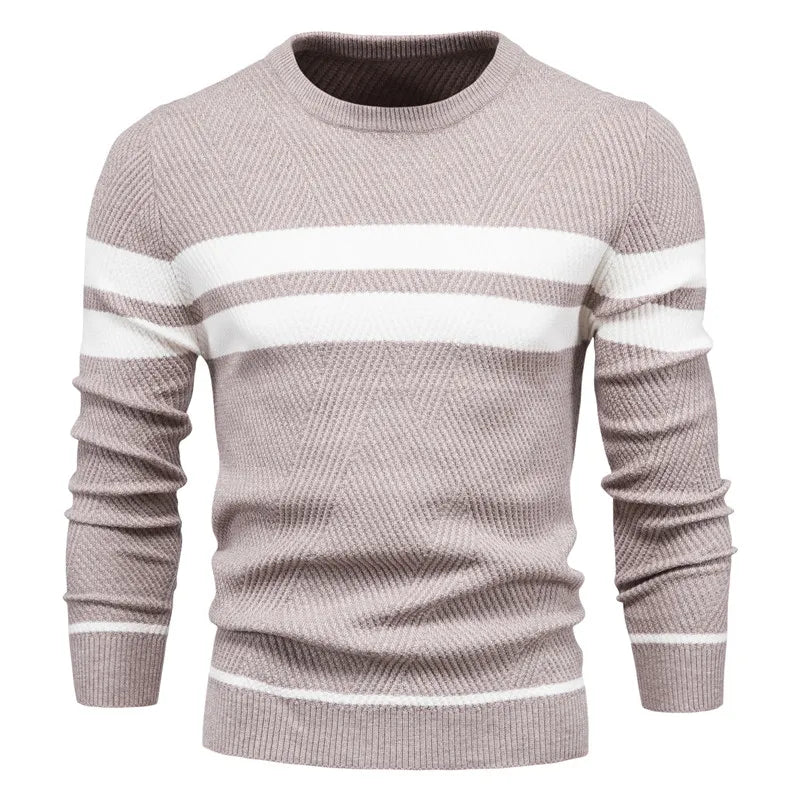 Men's Crewneck Knit Sweater | Ribbed Trim | Striped Casual Pullover