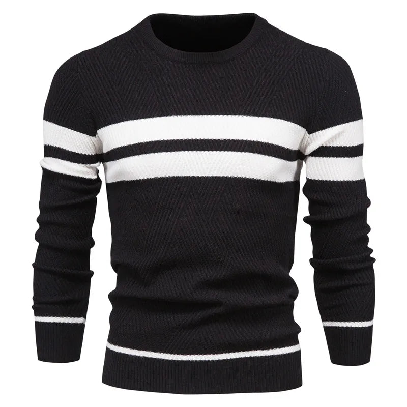 Men's Crewneck Knit Sweater | Ribbed Trim | Striped Casual Pullover