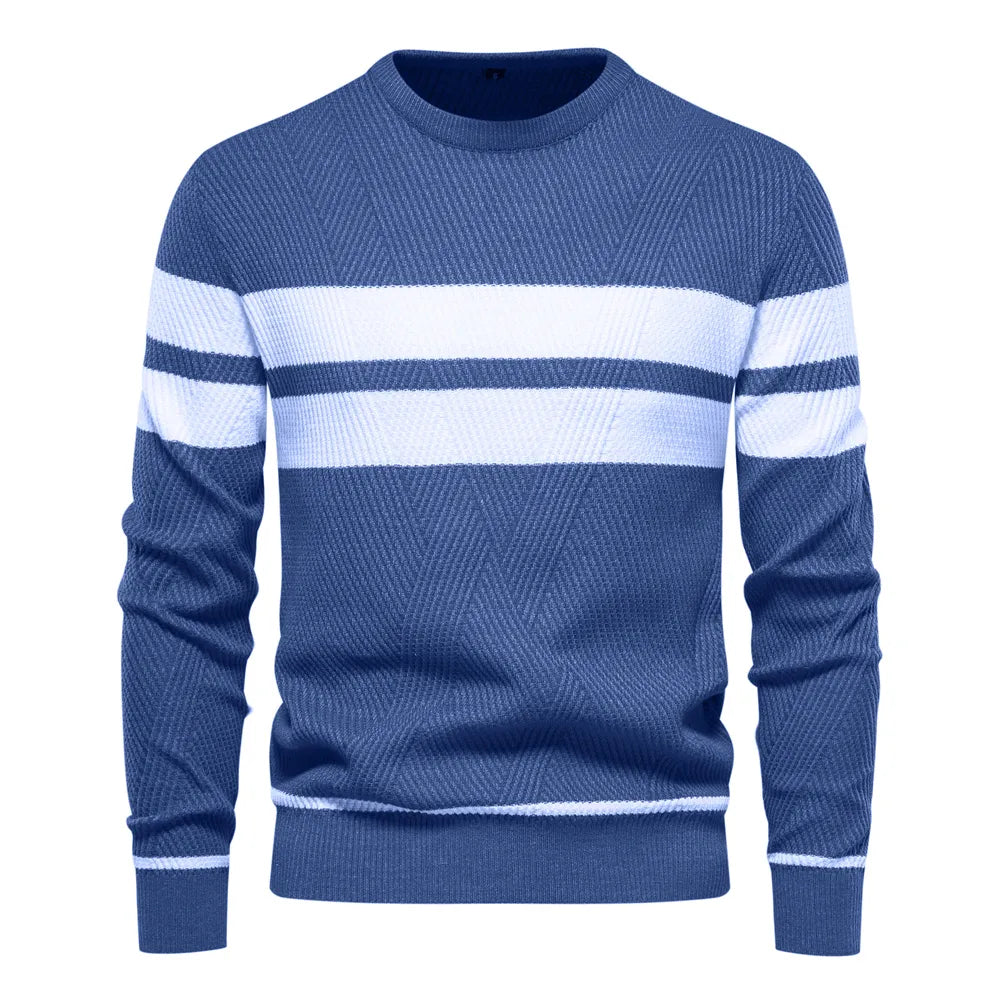 Men's Crewneck Knit Sweater | Ribbed Trim | Striped Casual Pullover