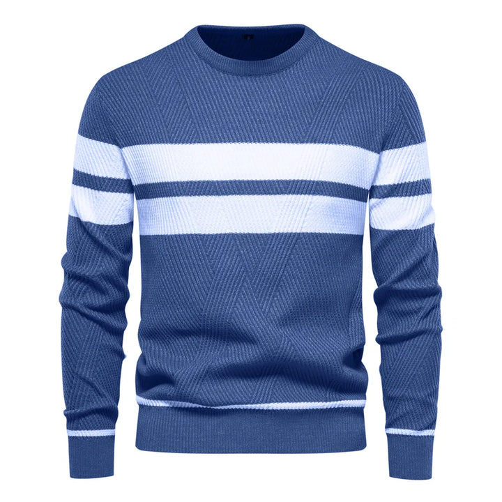 Men's Crewneck Knit Sweater | Ribbed Trim | Striped Casual Pullover