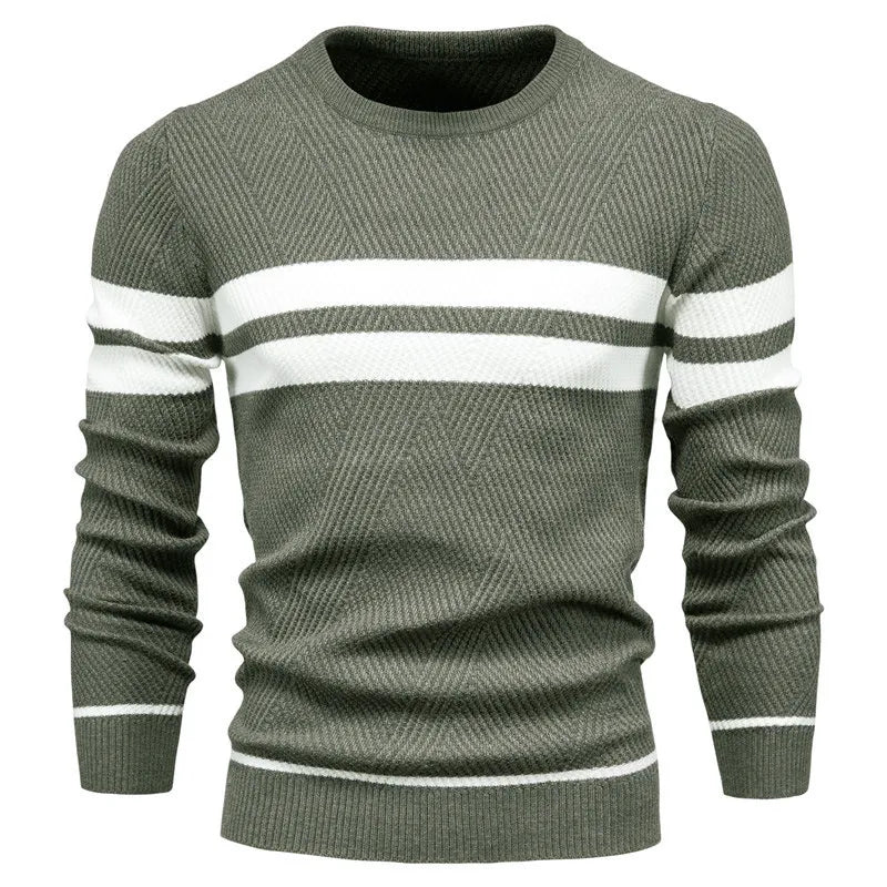 Men's Crewneck Knit Sweater | Ribbed Trim | Striped Casual Pullover
