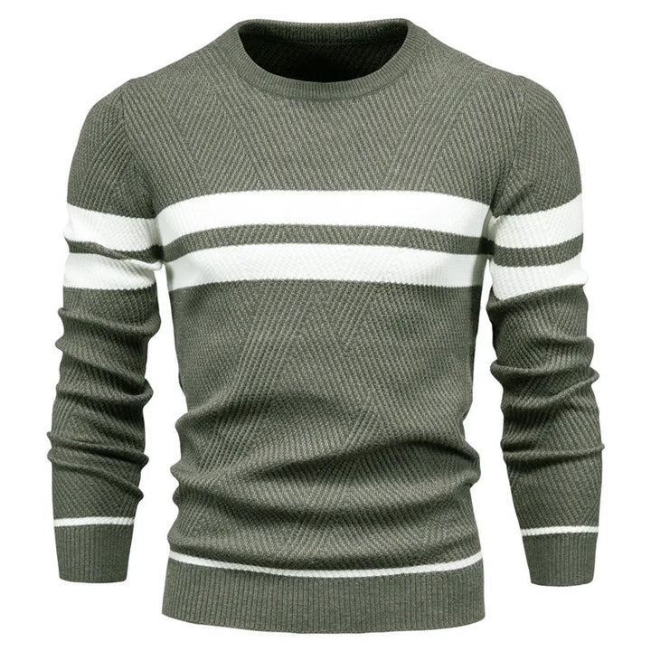 Men's Crewneck Knit Sweater | Ribbed Trim | Striped Casual Pullover