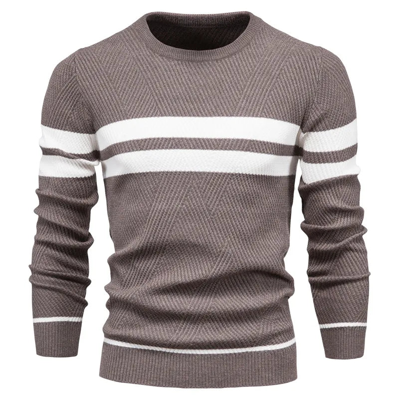 Men's Crewneck Knit Sweater | Ribbed Trim | Striped Casual Pullover